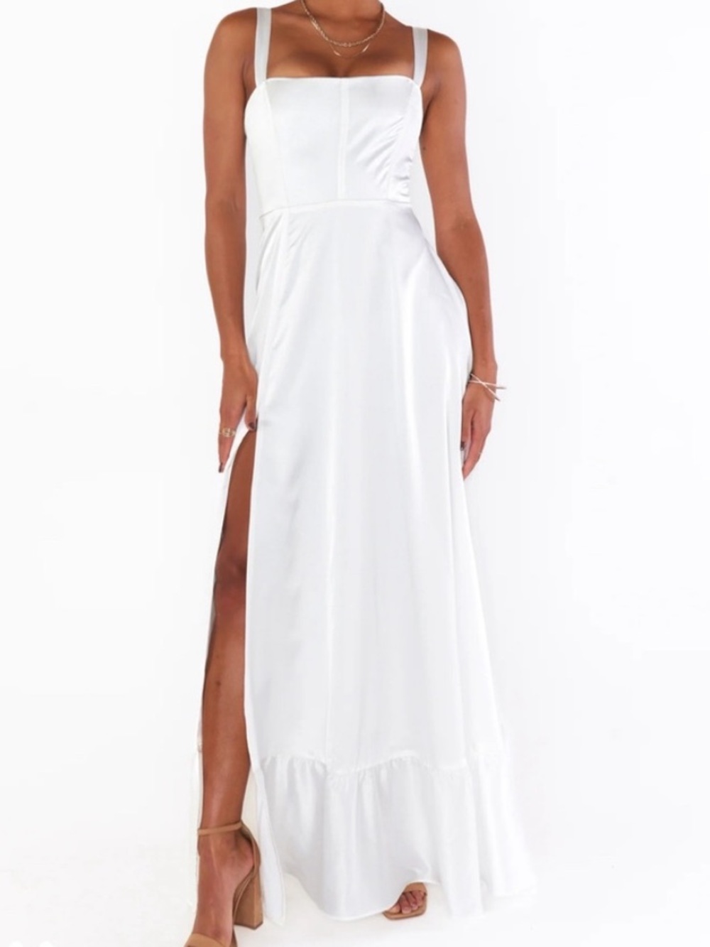 NWT Show Me Your Mumu Clarissa Ivory Satin Corset Maxi Dress Front Slit Size Med